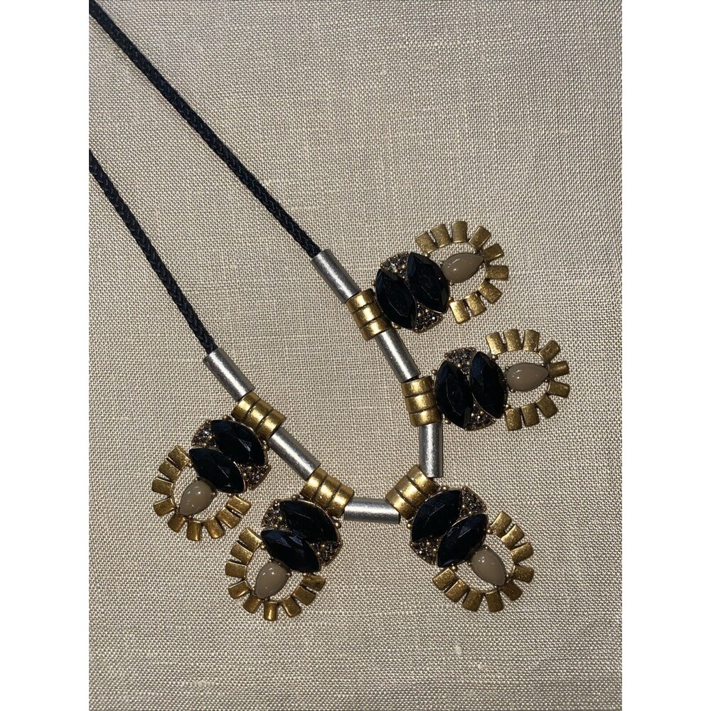 Vintage Signed J CREW Goldtone Silver‎  Black Rhinestones 18" Necklace